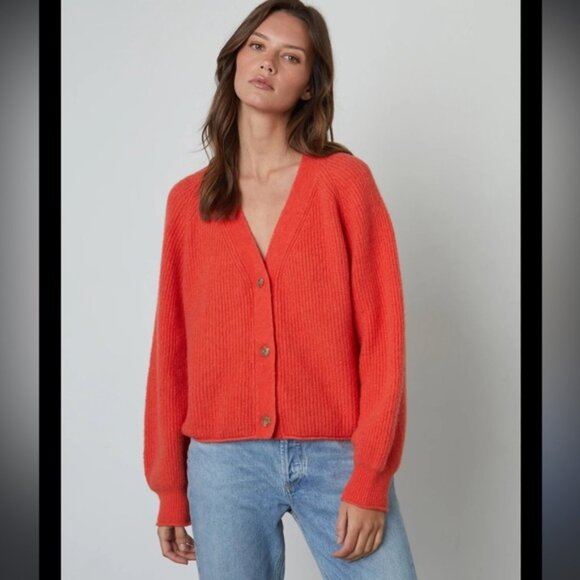 Velvet by Graham & Spencer Mia Wool-Blend Cardigan in Coral - Size XS - Picture 2 of 9